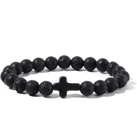 Lava Stone Bracelet Turquoise Beads Cross Elastic Stretch Bracelet for Women Men - Picture 1 of 4